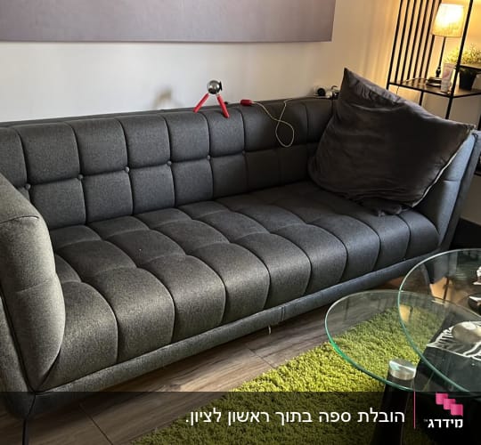 ספה אפורה עם כרית, שולחן זכוכית ועיטורים